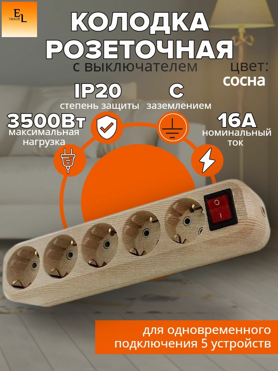 Колодка электрическая 5 гнезд розеточная (2П, с заземлением, с выключателем, 16А, 250В, сосна, Эко, IP20)