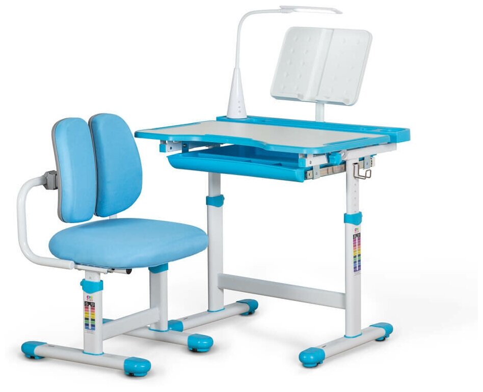 Растущая детская парта стол с лампой (длина столешницы 70 см) и стул С регулировкой глубины (мягкое кресло) BD-23 Blue