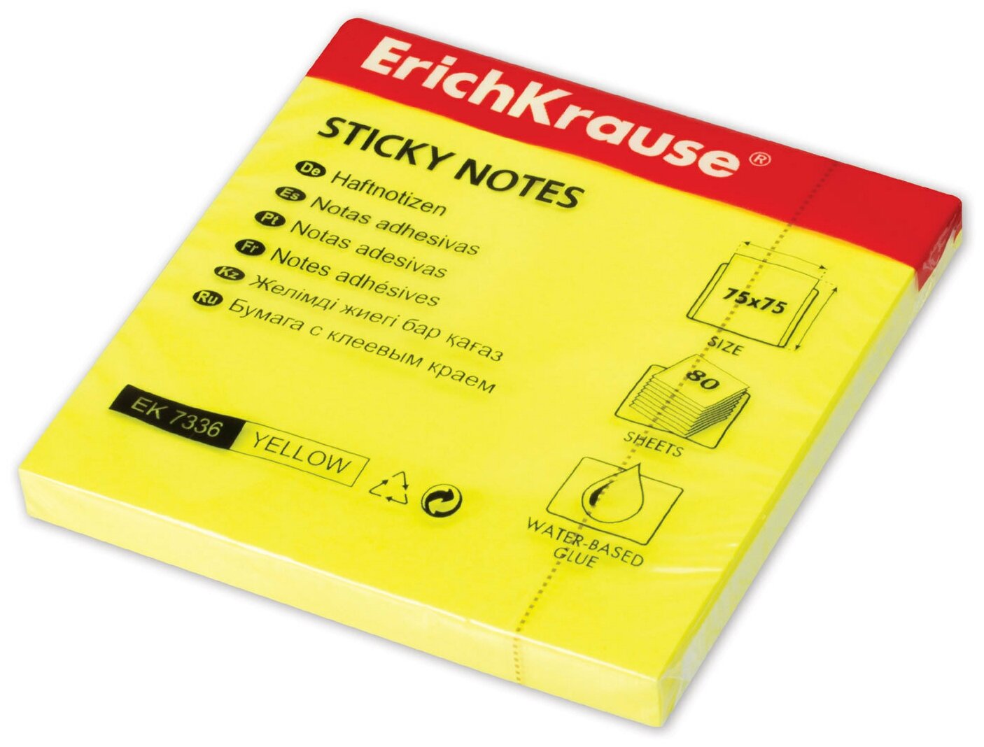 фото Блок самоклеящийся (стикер) ERICH KRAUSE неон, 75×75 мм, 80 листов желтый, 7336