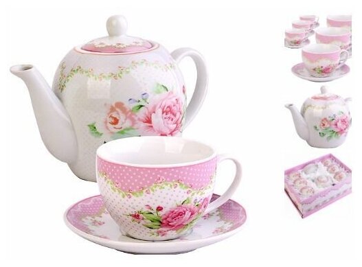Чайный сервиз LORAINE 30878 13 предметов, с чайником 1 л, белый/розовый/зеленый