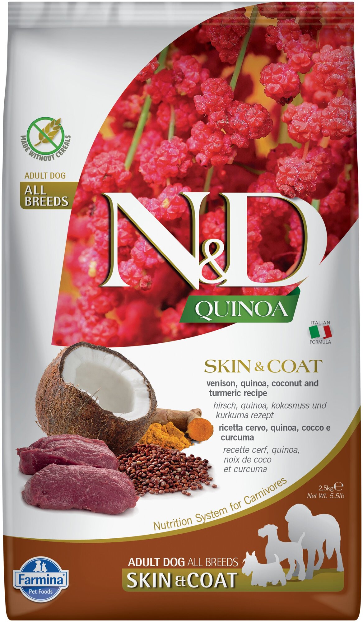 Farmina N&D Dog Grain Free Quinoa Skin&Coat корм для собак для кожи и шерсти Оленина, 2,5 кг.