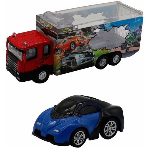 фото Набор грузовик + машинка die- cast синяя, спусковой механизм, 1:60 funky toys ft61051