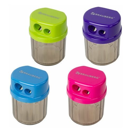 фото Точилка brauberg "drum dual", 2 отверстия для чернографитных карандашей (в том числе утолщенных), с контейнером, корпус ассорти, 228436