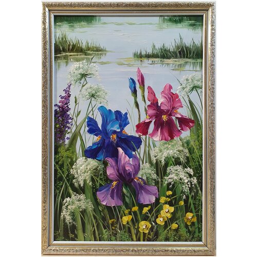 Картина маслом на двп Цветы, оформлено в рамку 65х45см.