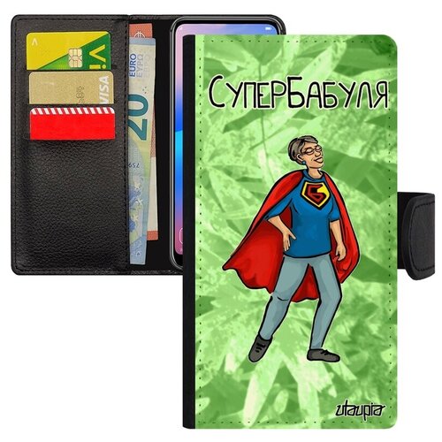 фото Новый чехол книжка на смартфон // xiaomi mi 8 // "супербабуля" смешной супергерой, utaupia, светло-зеленый