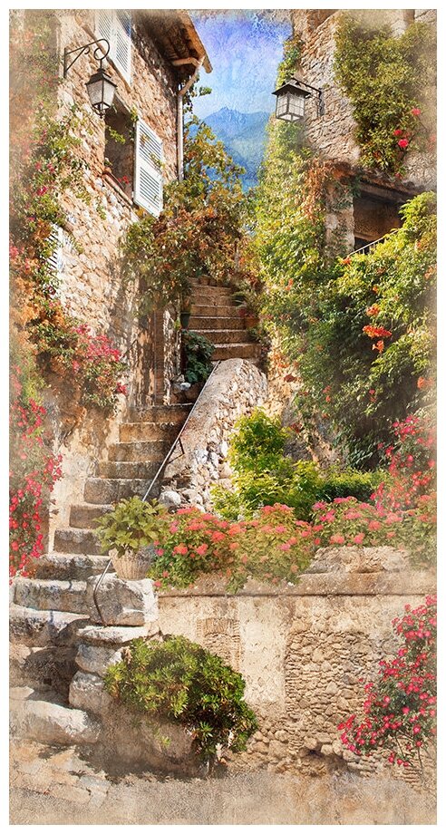 Фотообои Уютная стена "Узкая лестница между домами" 140х270 см Виниловые Бесшовные (единым полотном)