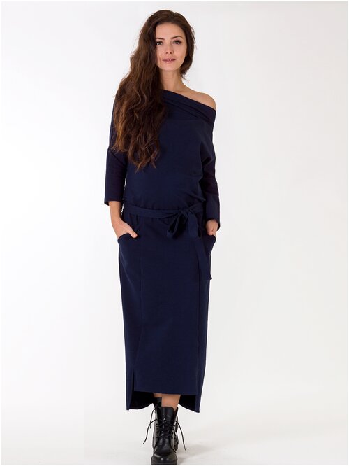 Платье Мамабэль, повседневное, свободный силуэт, макси, карманы, размер 42, синий