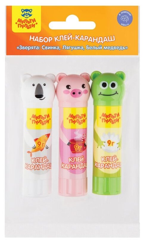фото Мульти-Пульти Клей-карандаш Зверята: Свинка, Лягушка, Белый медведь, 3 шт