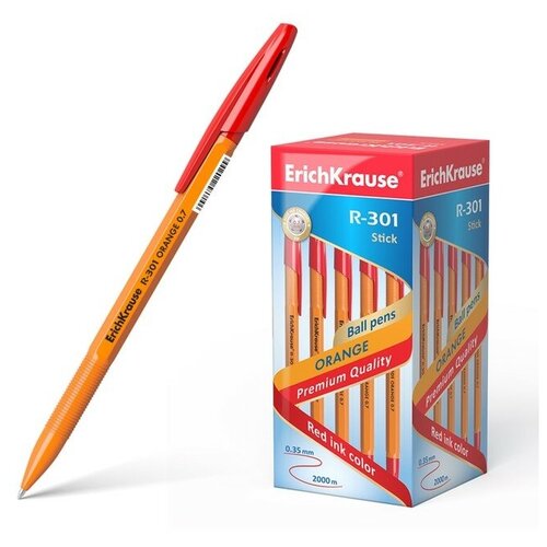 Ручка шариковая R-301 Orange Stick, узел 0.7 мм, чернила красные, длина линии письма 2000 метров, штрихкод на ручке, 50 шт.