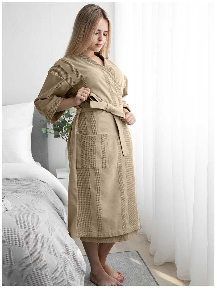 Вафельный халат LOVEME женский домашний и банный, размер XL, длина миди, цвет бежевый (капучино) - фотография № 6