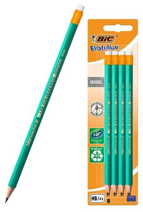 Карандаш чернографитный HB, BIC Evolution, c ластиком, зелёный корпус