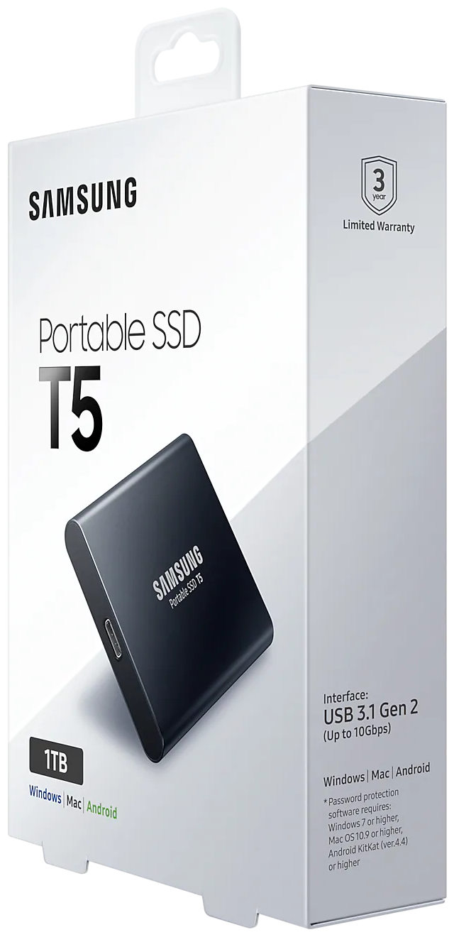 2 ТБ Внешний портативный твердотельный SSD накопитель Samsung T5 (MU-PA2T0B/WW) USB 3.1, черный