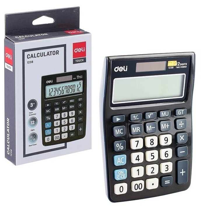 Калькулятор настольный компактный Deli 12раз дв. питание сер E1238BLACK