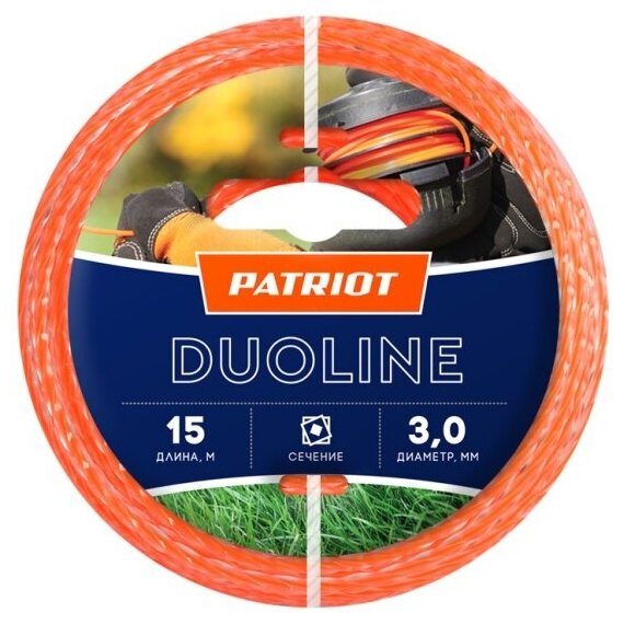 Леска для триммера Patriot Duoline D 3,0 мм L 15 м (скрученный квадрат, двухцветная, красная жила) 300-15-6