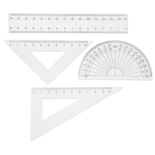 Набор чертежный 4 предмета (линейка 15 см, треугольник11 см/ 30*и 5 см/ 45*, транспортир) прозрачный