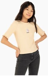 Бежевая футболка в рубчик с вышивкой для девочки Gloria Jeans, размер 14+/164