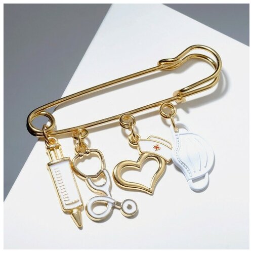фото Булавка "медицина" 4 подвески, 6,5см, цвет белый в золоте queen fair
