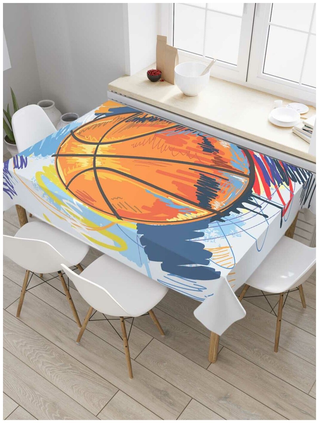Скатерть прямоугольная JoyArty на кухонный стол "Баскетбольные краски" из оксфорда, 180x145 см
