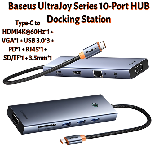 Хаб Baseus UltraJoy Series 10-Port HUB Docking Station Type-C to HDMI4K60Hz1 VGA1 USB 303 PD1 RJ451 SDTF1 35mm1 B0005280C811-00 445000₽