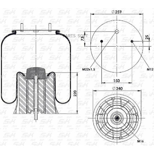 S&K SK2626KP01 Пневмоподушка со стаканом (металл 1шп. M16) [2шп. M12 смещ.25 1отв-шт. M22] SAF 2626V