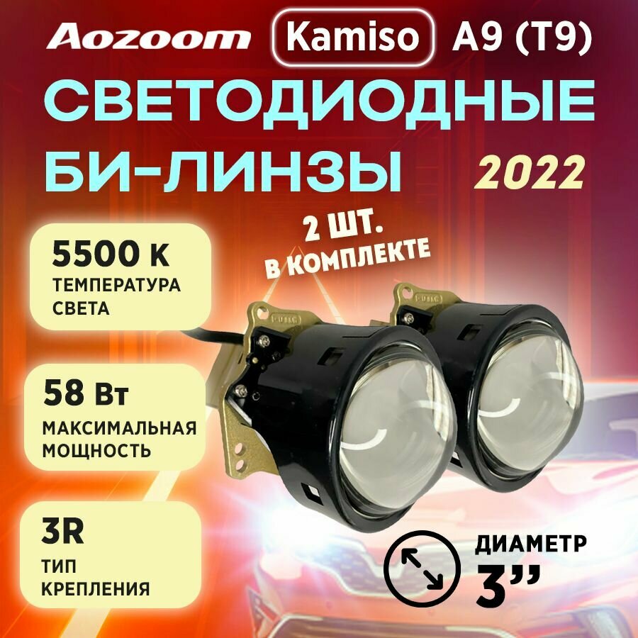 Модули светодиодные, Aozoom светодиодные би-линзы KAMISO A9 (T9 ) LED 3" со встроенным драйвером