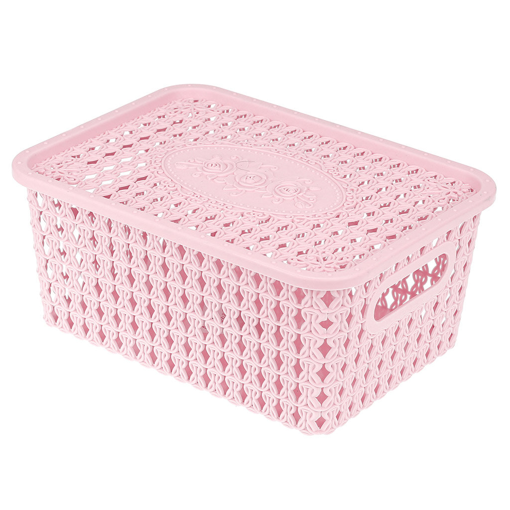 Корзина-ящик Домашняя Мода пластмассовая, для хранения, 24х17,5 см, высота 10,5 см, с крышкой, с ручками розовый