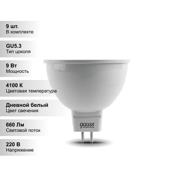 фото Лампа светодиодная gauss 13529, GU5.3, MR16