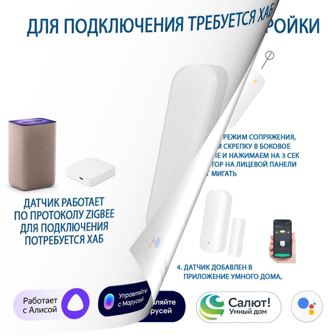 Датчик открытия дверей и окон Zigbee 3.0, умный датчик работает с Алисой, Марусей — фото 1