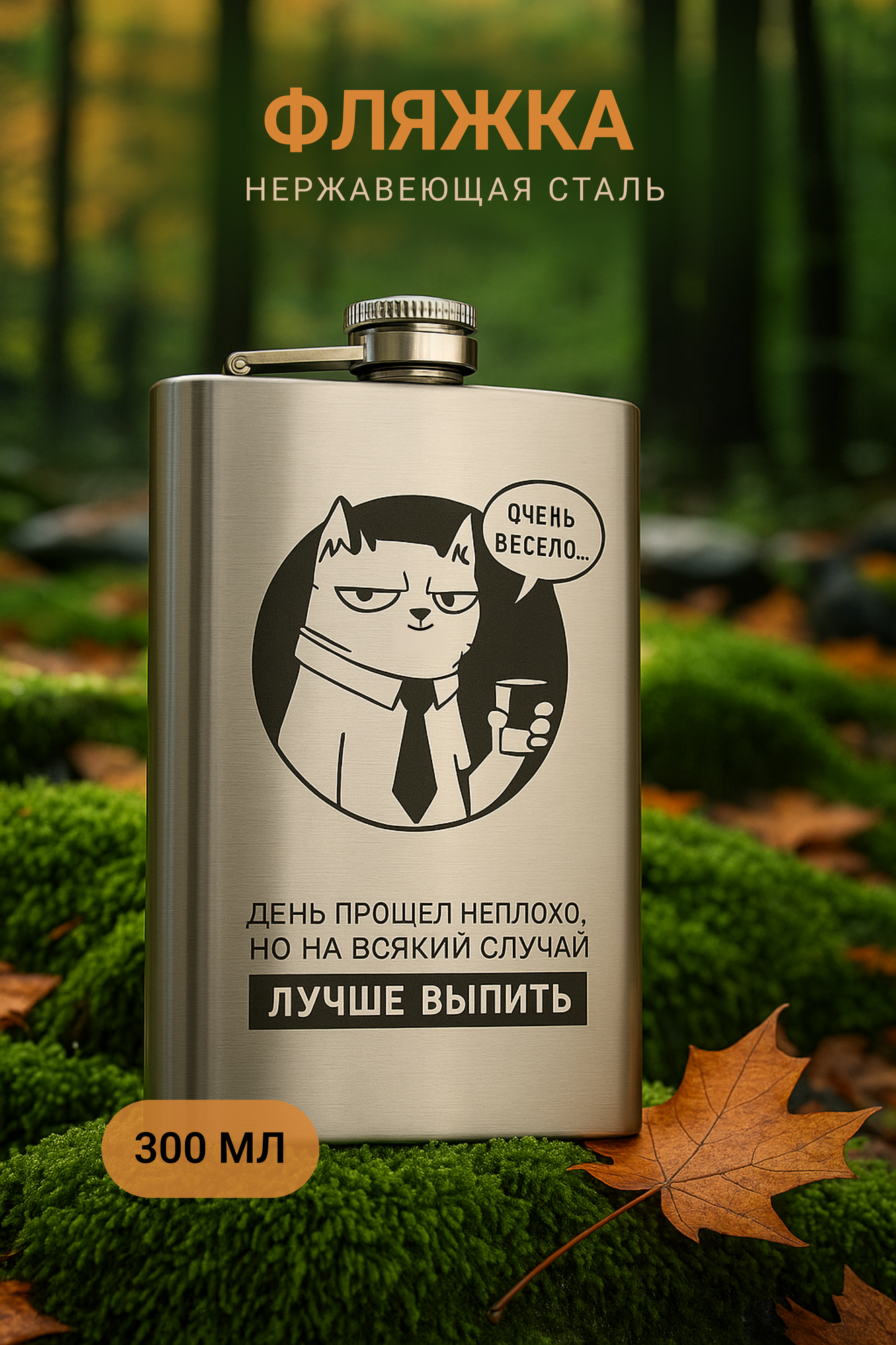 Фляжка "Очень весело", 300 мл, серебристая, с гравировкой, нержавеющая сталь,