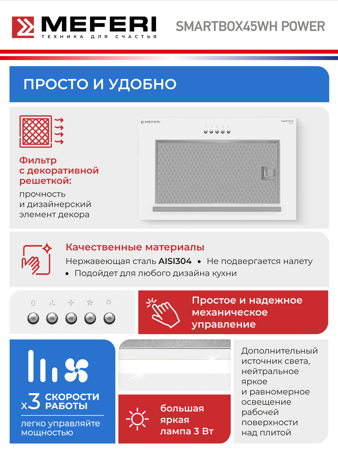 Вытяжка кухонная MEFERI SMARTBOX45WH POWER на 45 см встраиваемая, белая, производительность 900 м3/ч, 3 скорости — фото 1