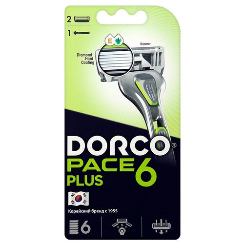 Многоразовый бритвенный станок Dorco Pace 6 Plus, серебристый/зеленый, 1 шт. станок для бритья dorco pace 6 plux sxa5002 6 лезвий 1 станок 2 сменные кассеты
