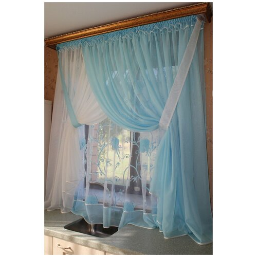 Комплект штор для кухни Тюльпан (голубой + молоко), нейлон + органза, высота 170 см, по ленте регулируется до 2,2 м