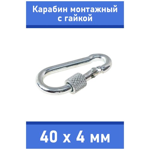 карабин монтажный без закрутки стальной 60 мм Карабин монтажный стальной для поводка собаки мелких пород (с гайкой), Zoo One, сталь, покрытие цинк, размер 40х4мм, 245S-40M