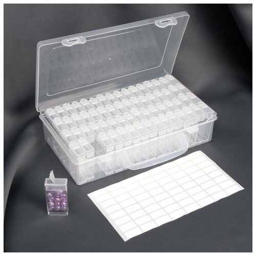 фото Набор контейнеров для рукоделия, 64 баночки, 1,5 × 3 × 5 см, с наклейками, 13 × 22 × 5 см, цвет прозрачный qwen