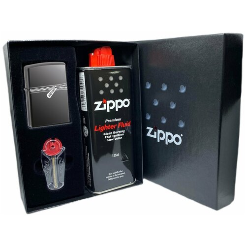 Подарочный набор ZIPPO ( Зажигалка ZIPPO 21088 Classic, чёрная, с покрытием Black Ice + кремни + топливо, 125 мл )