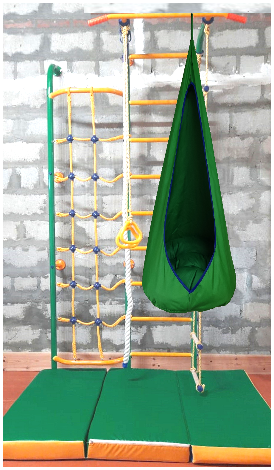 Комплект ДСК Пристенный New с сеткой зеленый противоскользящие ступени Веселый Непоседа, мат 1.5х1м. зеленый и гамак-капля зеленый