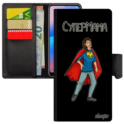 фото Противоударный чехол книжка на смартфон // huawei p30 lite // "супермама" юмор комикс, utaupia, черный