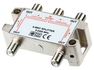Разветвитель на 4 телевизора на F гнёздах, с проходом питания