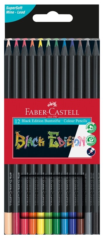 Карандаши цветные Faber-Castell "Black Edition", 12цв., трехгран., черное дерево, заточен..