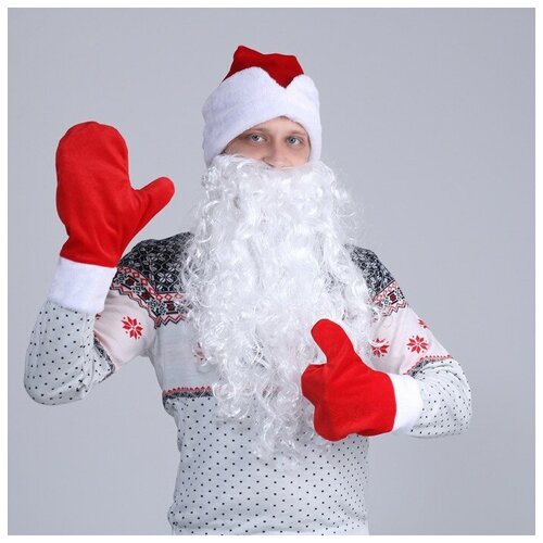 фото Страна карнавалия набор взрослый"новогодний красный"шапка, варежки, борода, плюш, р- р 56-59