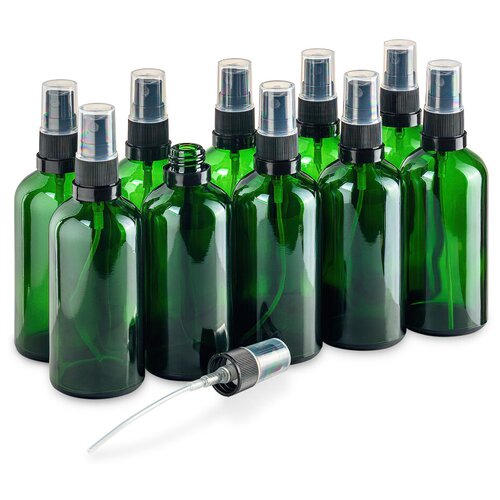 Флакон 100 мл стеклянный с черным спреем-распылителем. Набор 10 штук.