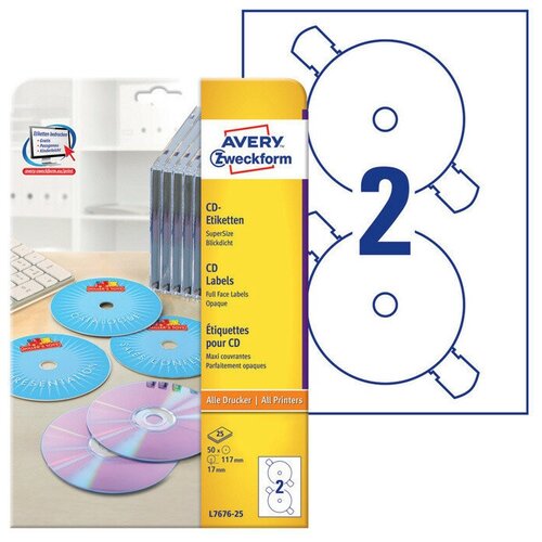 Этикетки Avery Zweckform CD/DVD L7676-25 A4/196г/м2/50л./белый супер глянец самоклей. для лазерной печати