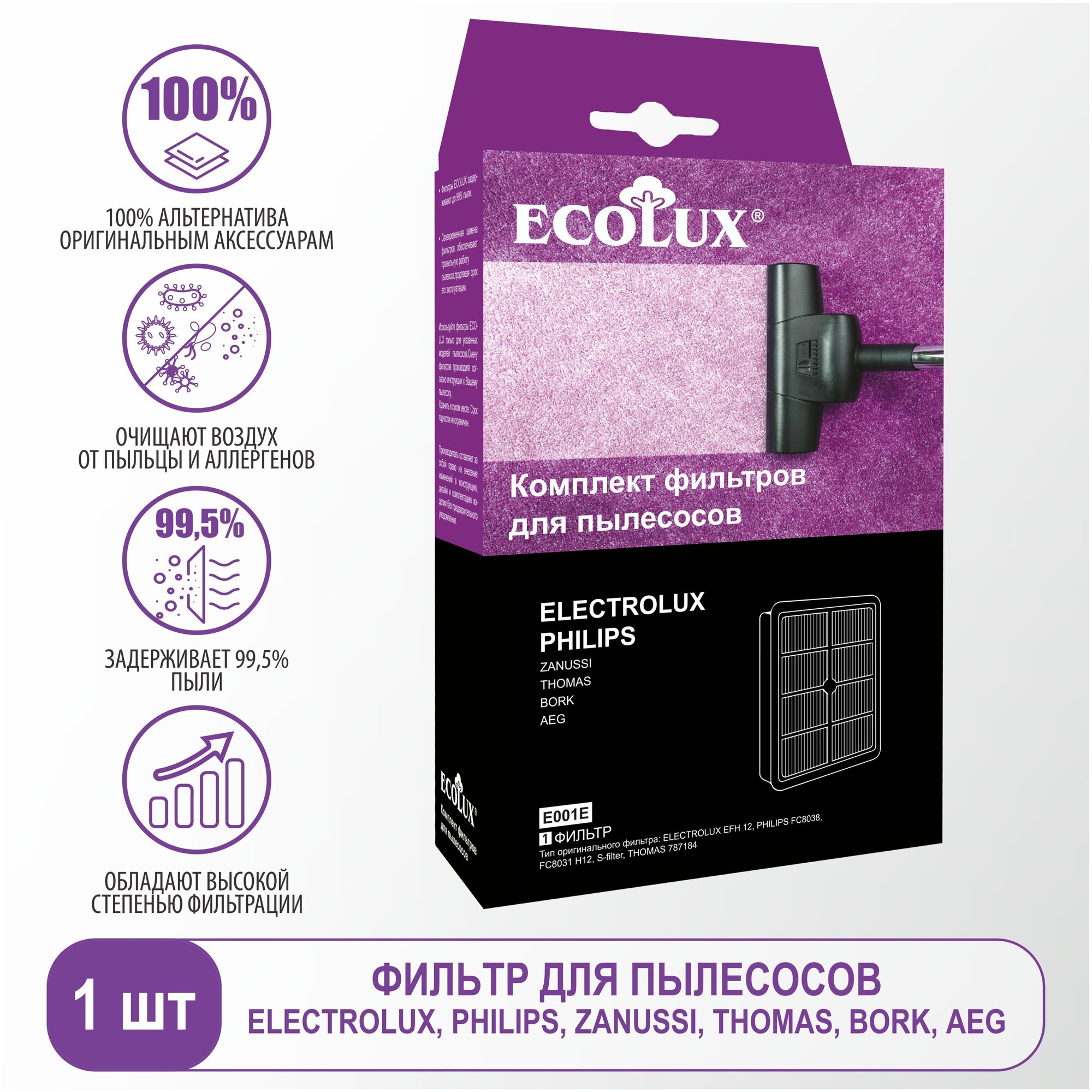 Ecolux Hepa-фильтр для пылесосов Electrolux, Philips,Zanussi, AEG, BORK, THOMAS , 1 шт., E001E