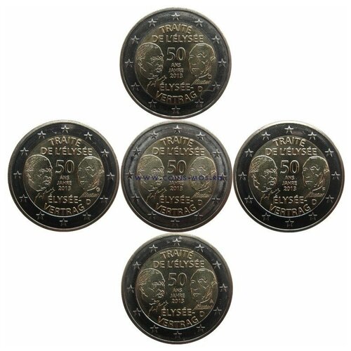 Германия 2 евро 2013 г «Елисейский договор» 5 монет разных монетных дворов (A, D, F, G, J)