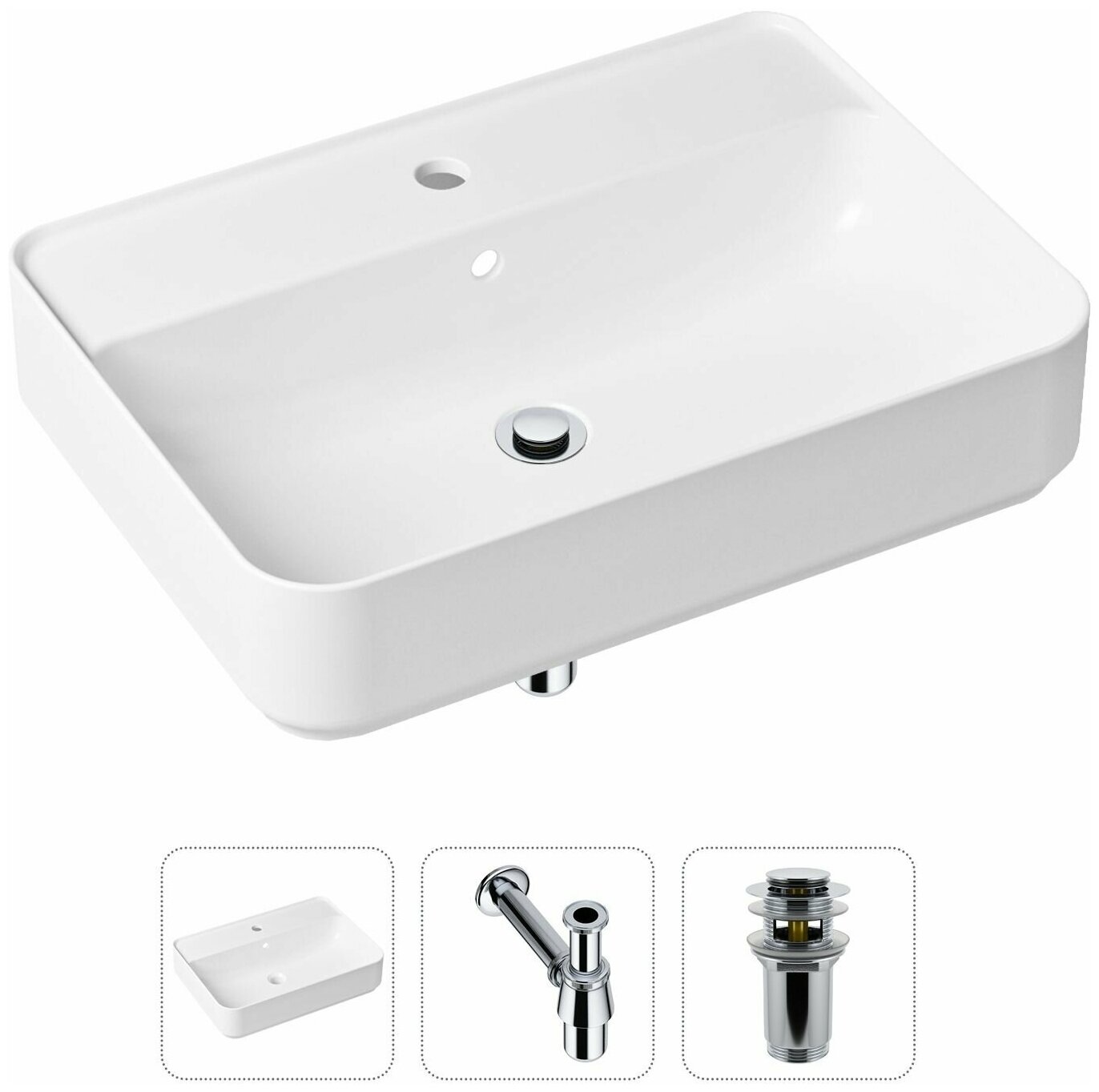 Накладная раковина в ванную Lavinia Boho Bathroom Sink Slim 21520327 в комплекте 3 в 1: умывальник белый, донный клапан и сифон в цвете хром