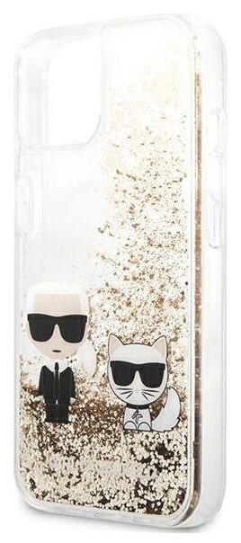 Чехол Lagerfeld Liquid glitter Karl and Choupette Hard для iPhone 13, золотой