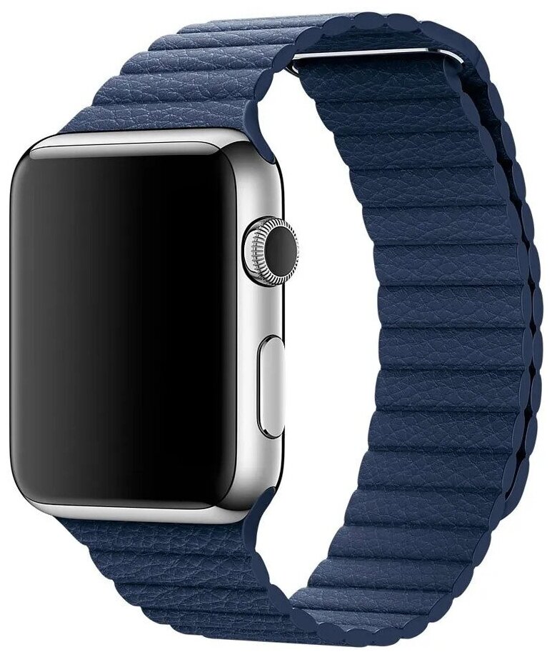 Премиум кожаный ремешок с регулировкой размера на магнитной застежке для Apple Watch Series 1-8 и Ultra - 42/44/45/49 мм (эпл вотч), темно-синий