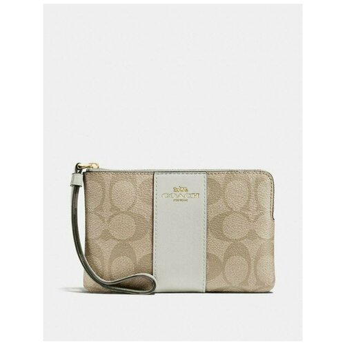 фото Женский кожаный кошелек coach corner zip wristlet in signature canvas light khaki/chalk/light gold