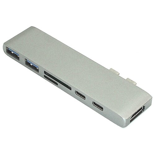 Адаптер сдвоенный Type C на HDMI, USB 3.0*2 + Type C* 2 + SD/TF для MacBook серый адаптер type c на hdmi usb 3 0 2 разъёма и 2 разъёма зарядки type c кардридер sd tf для macbook серебро