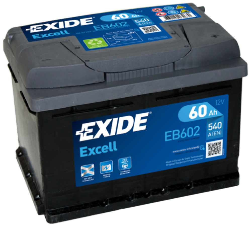 EXIDE EB602 (0092S30041 / 0092S40040 / 0092S50040) аккумулятор excell 12v 60ah 540a 242х175х175 полярность etn0 клемы en крепление b13